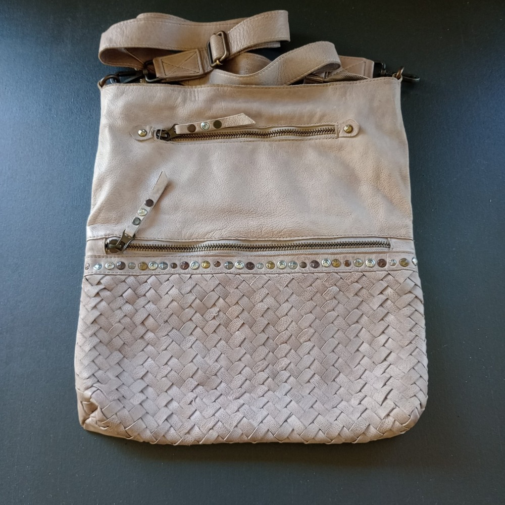Platania Genuine Leather Made in Italy Purse Crossbody Woven Jeweled Taupe‎